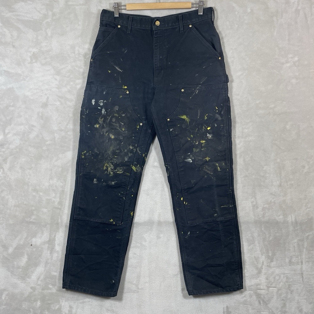 Carhartt Black Double Knee Canvas Pants Mens 33x32 B01 BLK Painter Distressed